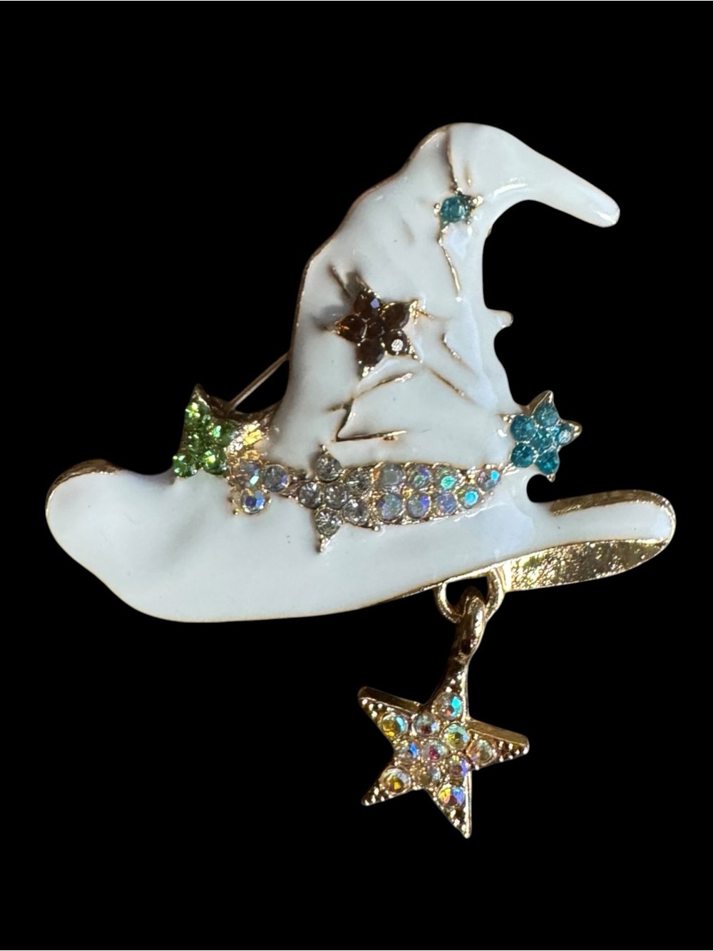 White Enamel Witch Hat Brooch Pin with Multicolor Crystals